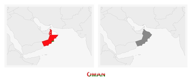 Twee versies van de kaart van Oman met de vlag van Oman en gemarkeerd in donkergrijs