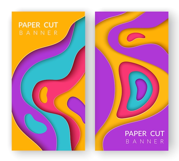 Twee verticale abstracte banners met multi gekleurd papier gesneden vormen.