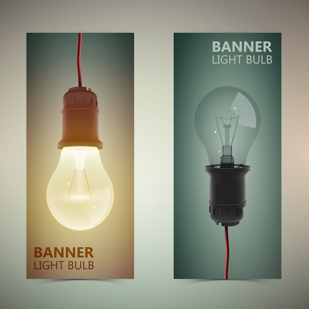 Twee verticale bolbannerset met realistische gloeilamp uit en aan