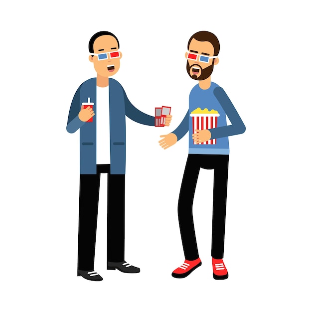 Twee vrienden in 3d-bril met popcorn en frisdrank staande in de bioscoop vector illustratie op een witte background