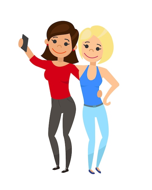 Twee vriendinnen doen een selfie. De tekenfilmstijl. vector illustratie