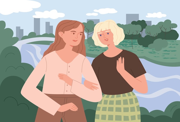 Twee vriendinnen lopen in het park en praten cityscape gelukkige vrouwen gaan hand in hand genieten van het gesprek actief tijdverdrijf vector cartoon vlakke afbeelding