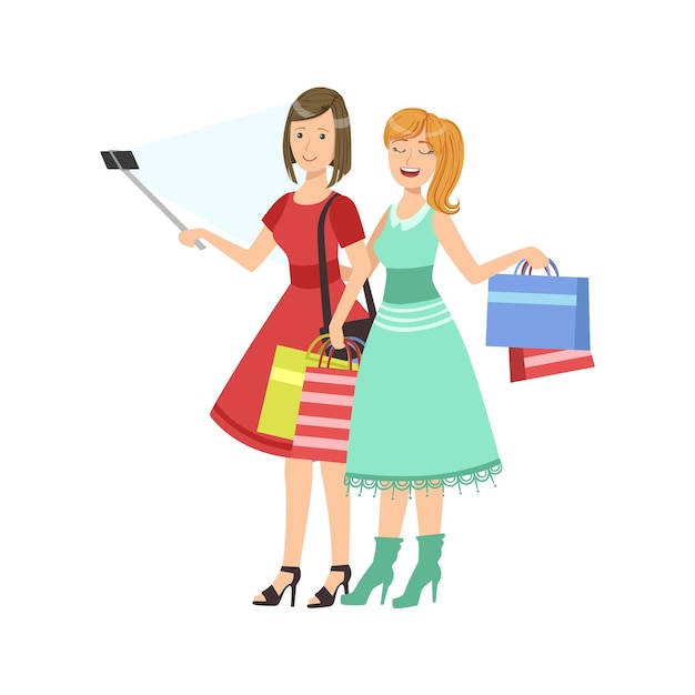 Vector twee vriendinnen winkelen foto maken met selfie stick illustratie