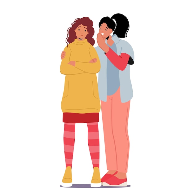 Vector twee vrouwelijke personages die dicht bij elkaar zitten en geheimen tegen elkaar fluisteren, roddels of een vertrouwelijk gesprek delen
