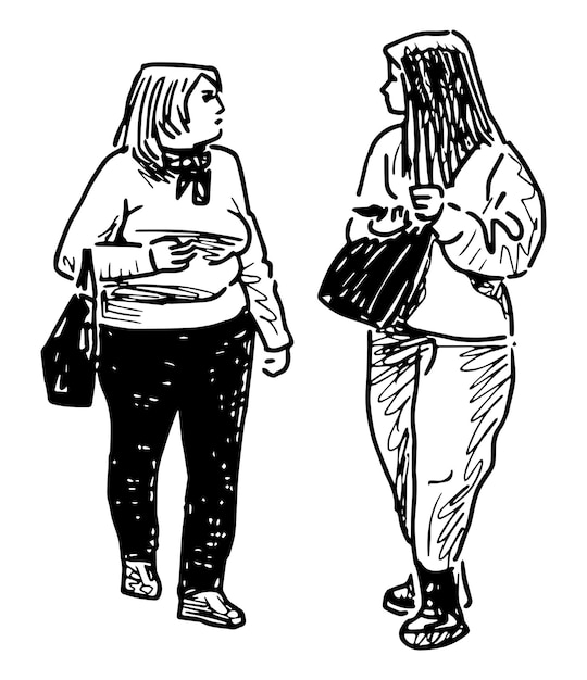 Twee vrouwen lopen buiten aan het praten schets vector omtrek met de hand getekende illustratie geïsoleerd op wit