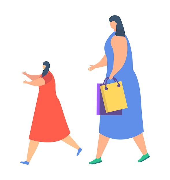 Twee vrouwen lopen met een die boodschappenzakken draagt, casual zomerjurken, vectorillustratie, winkelen, vrienden genieten van winkeltherapie.