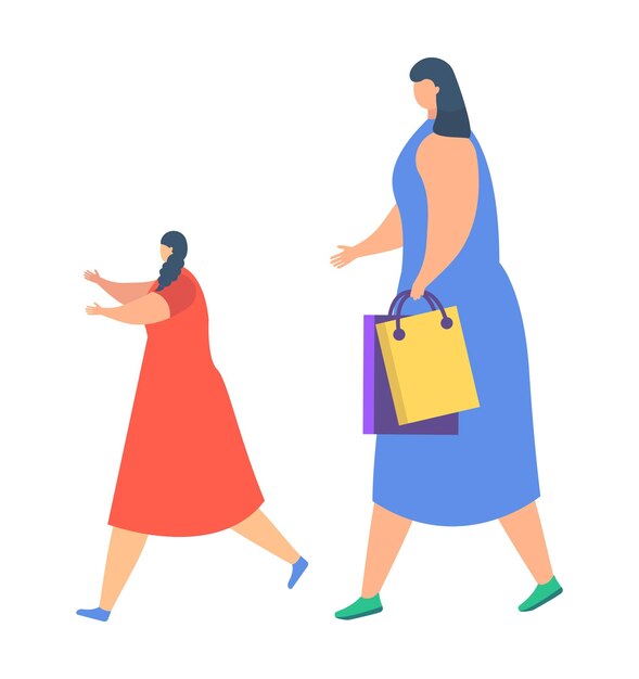 Twee vrouwen lopen met één die winkeltassen draagt, casual zomerjurken, vector illustratie winkelen