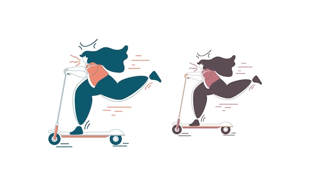 Twee vrouwen rijden op elektrische scooters in cartoon stijl