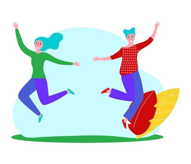 Vector twee vrouwen springen vrolijk in de lucht op een groen veld, de een met blauw haar en de ander groen topje