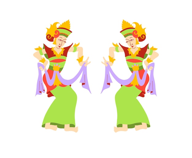 Twee vrouwen voeren een traditionele balinese dans uit in vlakke stijl vectorillustratie