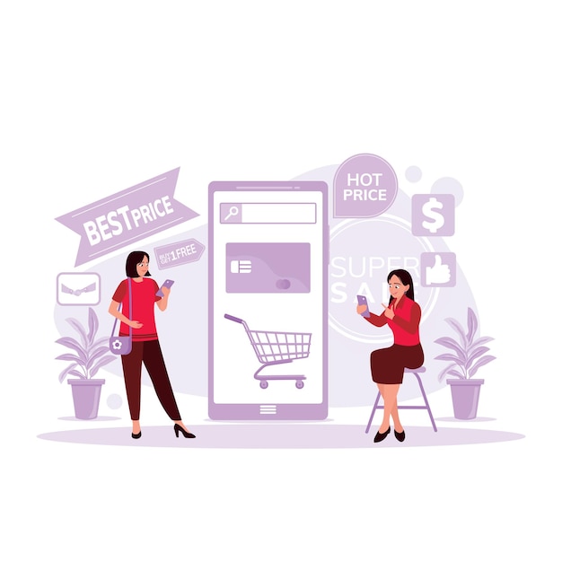 Twee vrouwen zitten en staan smartphones te openen en een online retailbedrijf omni te openen