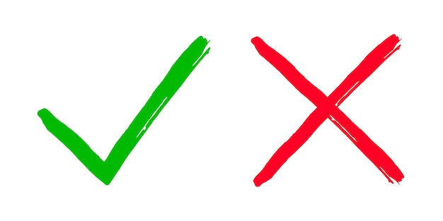 Twee vuile grunge hand getekend met penseelstreken kruis x en tik OK checkmerken