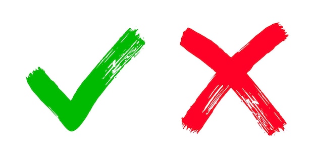 Twee vuile grunge hand getekend met penseelstreken kruis x en vink v vinkjes vector illustratie