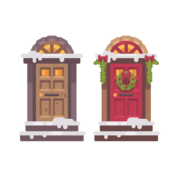 Vector twee winterdeuren. kerst versierde veranda vlakke afbeelding