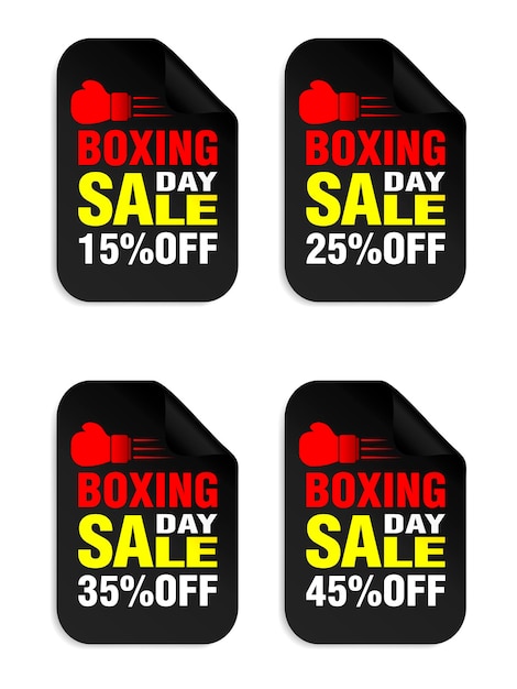 Vector tweede kerstdag sale zwarte stickers set met rode bokshandschoen sale 15 25 35 45 korting