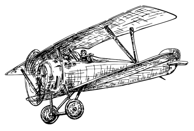 Tweedekker vliegen. Vintage handgetekende tweedekker. Vector vliegtuig illustratie. Een oud vliegtuig. Retro vliegtuig schets. Vector hand getekende illustratie.