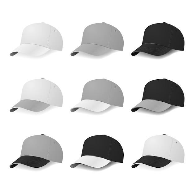 Vector tweekleurige baseballcaps in halve slag met witte, grijze en zwarte kleuren. illustratie.