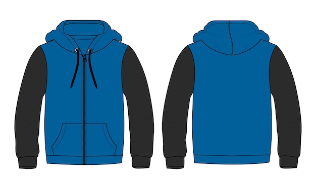 Tweekleurige blauwe en zwarte kleur lange mouw hoodie vector illustratie sjabloon