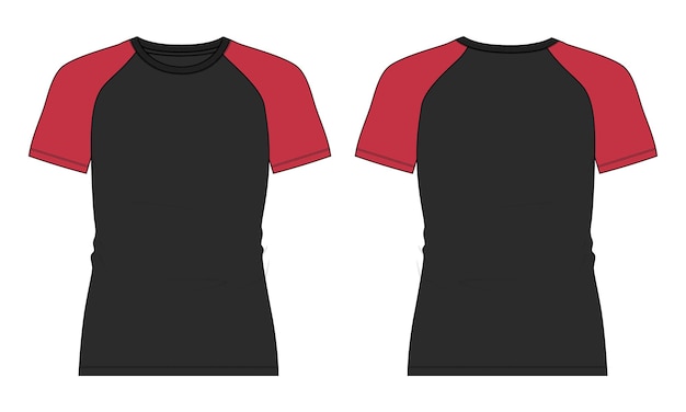 Tweekleurige kleur Slim fit raglanmouwen T-shirt technische mode platte schets vector sjabloon