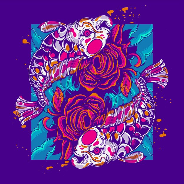 Vector tweeling koi vis met bloemen kunstwerk illustratie