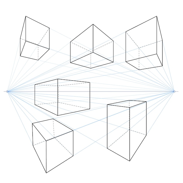 Tweepunts perspectief lijntekeningen Vector set kubussen en parallellepipedums