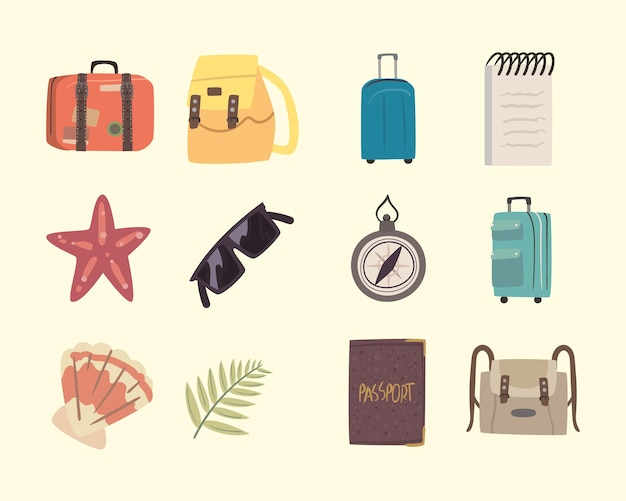 Vector twelve bon voyage set icons