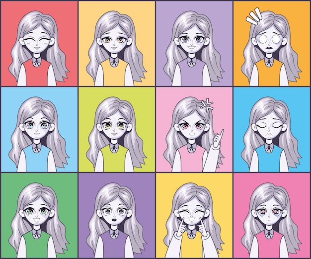 Vector twelve manga emotions faces