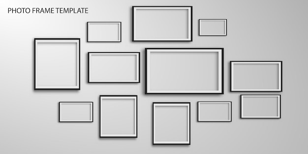 Twelve wall photo frames in different sizes for living room concept