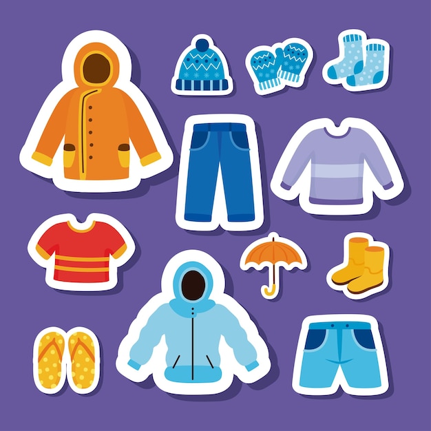 Twelve weather seasons clothes set icons