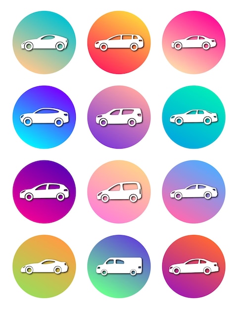 현대적인 그라데이션이 있는 원 안에 있는 12개의 흰색 자동차