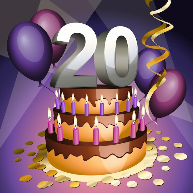 Vector twentieth anniversary cake with numbers, candles and balloons