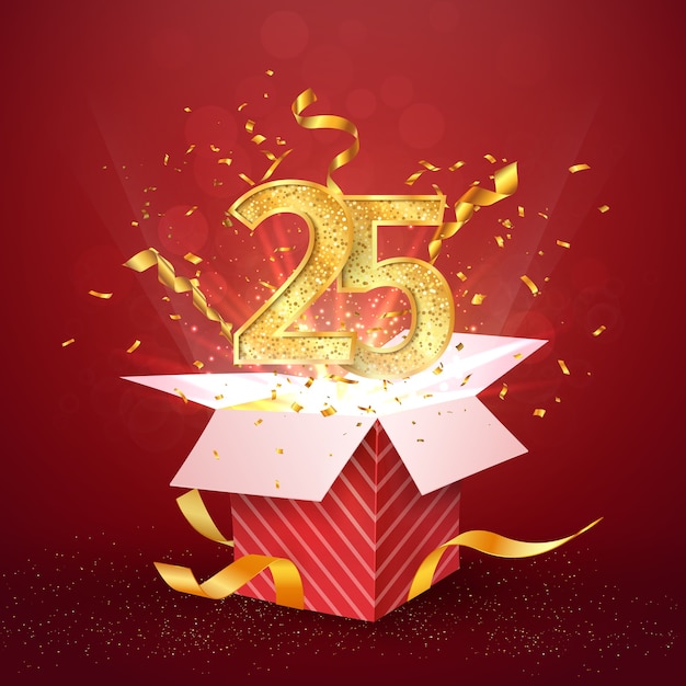 Twenty five years number anniversary and open gift box with explosions confetti isolated design element