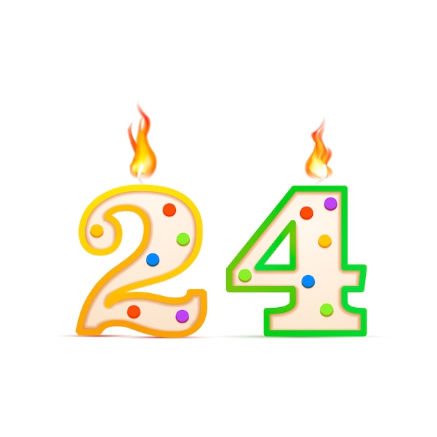 Twenty four years anniversary, 24 number shaped birthday candle with fire on white