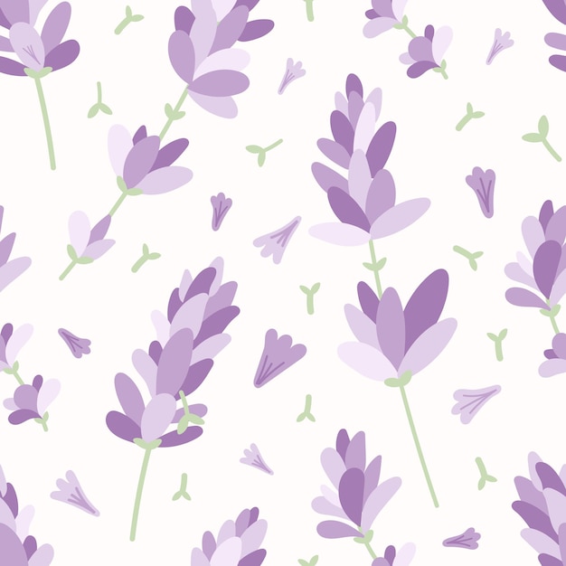 Twigs and flowers of purple cartoon field lavender Vector flat seamless floral pattern