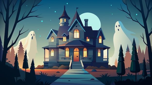 Vector twilight haunting at victorian mansion with ethereal ghosts