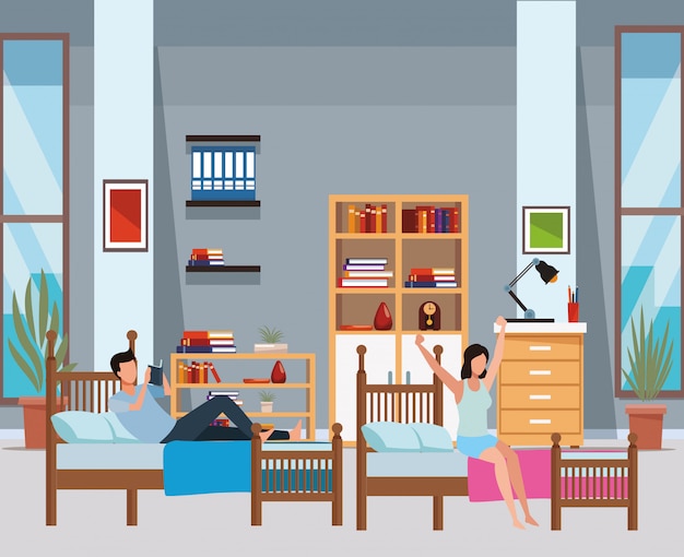 Vector twin bed dormitory and faceless people