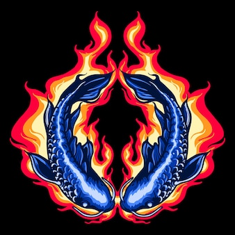 Disegno della maglietta dell'illustrazione di vettore del fuoco dell'inferno di pesce koi blu gemello