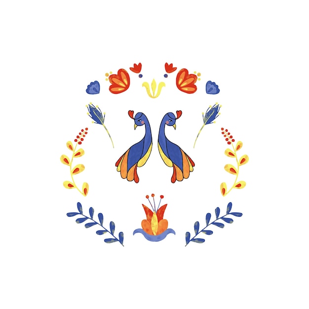 Logo simbolo messicano twin blue peacock con fiori e ornamenti in vettore giallo rosso blu