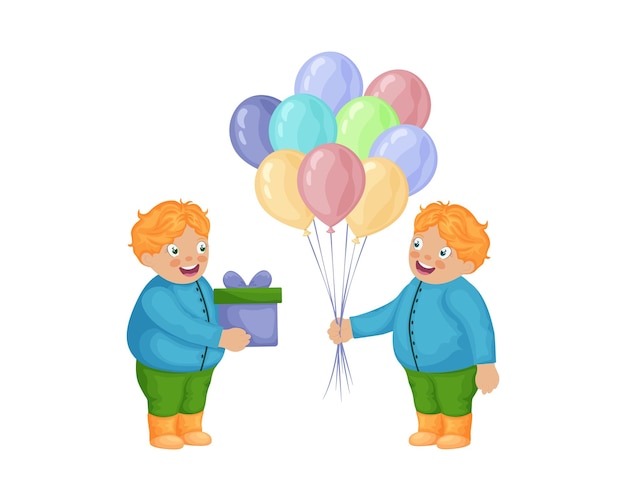 双子の男の子は、誕生日の男の子にプレゼントと風船でお互いを祝福します 漫画のかわいい男の子