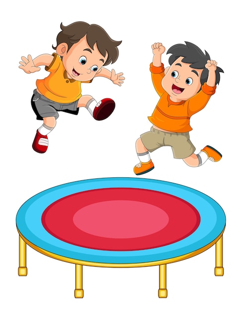 The twin boys is jumping together on the trampoline