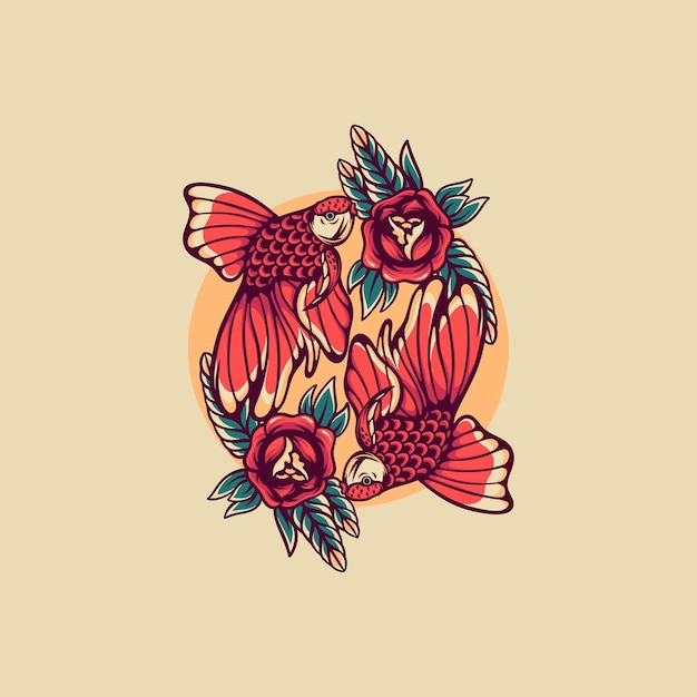 Twin Golden Fish Retro Illustration