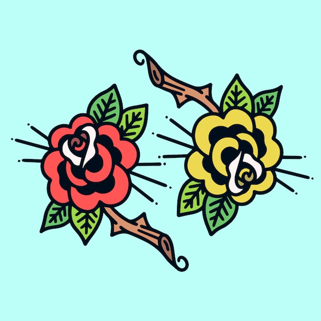 Twin roses old school tattoo illustration