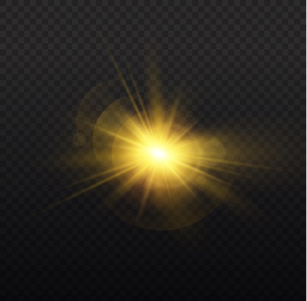 Twinkle lens flares glare Flashing lights Glowing gold star Yellow sun rays Bokeh effect Vector