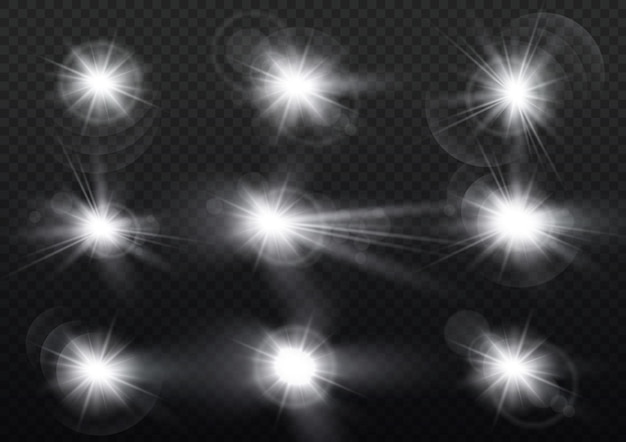 Twinkle lens flares glare Flashing lights Glowing white star Flash sun rays Bokeh effect Vector