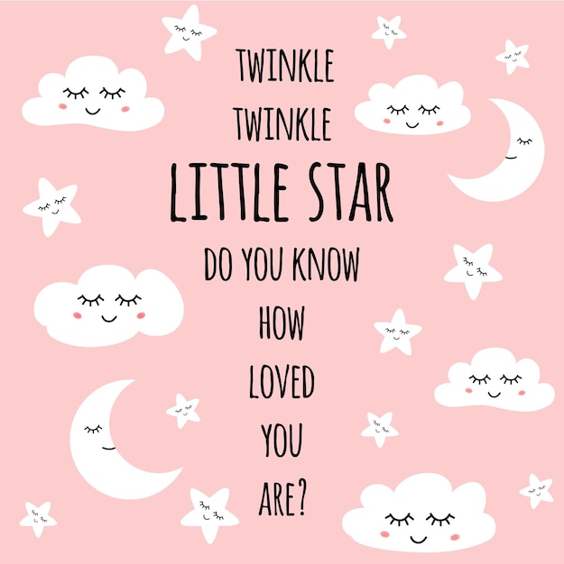 Twinkle twinkle little star Pink greeting card for baby shower nursery poster kids baby tshirt wear Decorative dreaming stars moon clouds Cute children phrase text quote Vector illustration