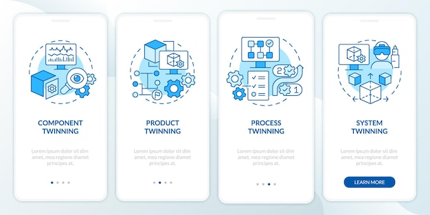 Twinning levels blue onboarding mobile app screen. Component and process walkthrough 4 steps graphic instructions pages with linear concepts. UI, UX, GUI template. Myriad Pro-Bold, Regular fonts used