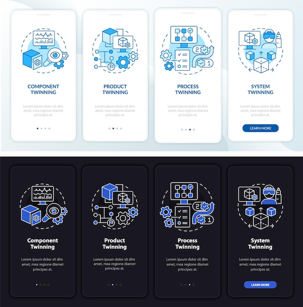 Twinning levels night and day mode onboarding mobile app screen. Walkthrough 4 steps graphic instructions pages with linear concepts. UI, UX, GUI template. Myriad Pro-Bold, Regular fonts used