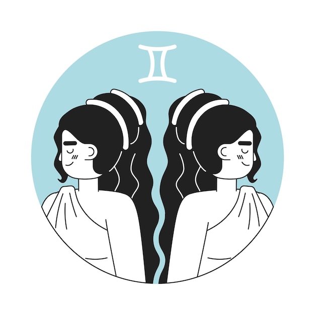 双子の女性 双子の星座 単色の丸いベクトルスポットイラスト 魅力的な女性 2Dフラット bw ウェブUIデザインのためのアニメキャラクター 占星術 孤立された編集可能な手描きのヒーロー画像