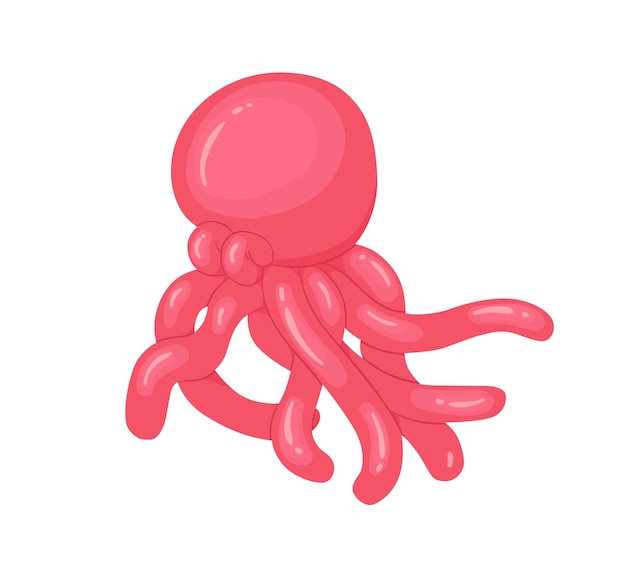 Twisted glossy balloon in shape of octopus with tentacles. Cute childish toy. Realistic latex sea animal from helium rubber ballon. Flat vector illustration isolated on white background.