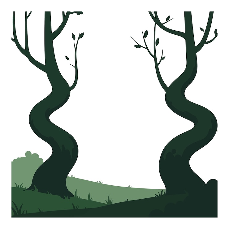 Vector twisted tree trunks with sparse leaves in green grassy landscape vector illustration for nature design